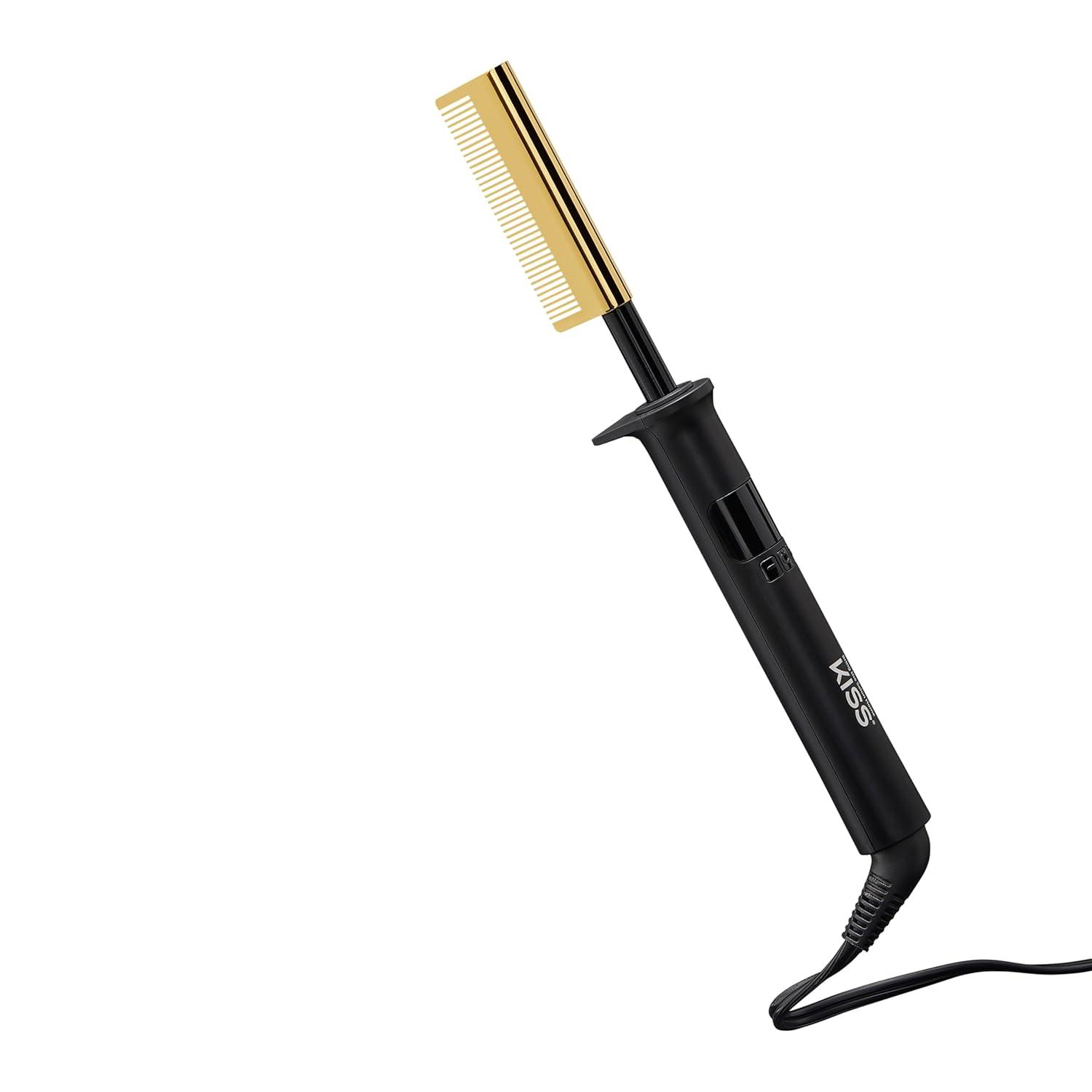 imageKISS Professional Pressing Comb with Polished Gold Smoothing Comb Safety Stand Digital LED Temperature Display ampamp Tangle Free 360 Swivel CordMedium
