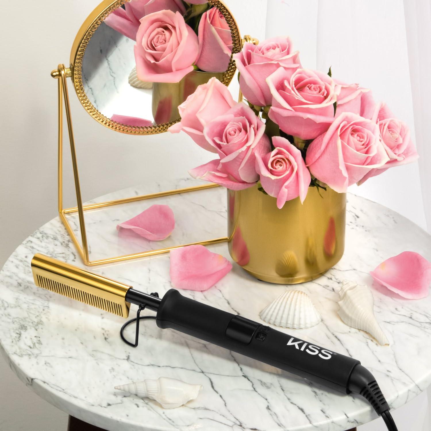 imageKISS Professional Pressing Comb with Polished Gold Smoothing Comb Safety Stand Digital LED Temperature Display ampamp Tangle Free 360 Swivel CordMedium