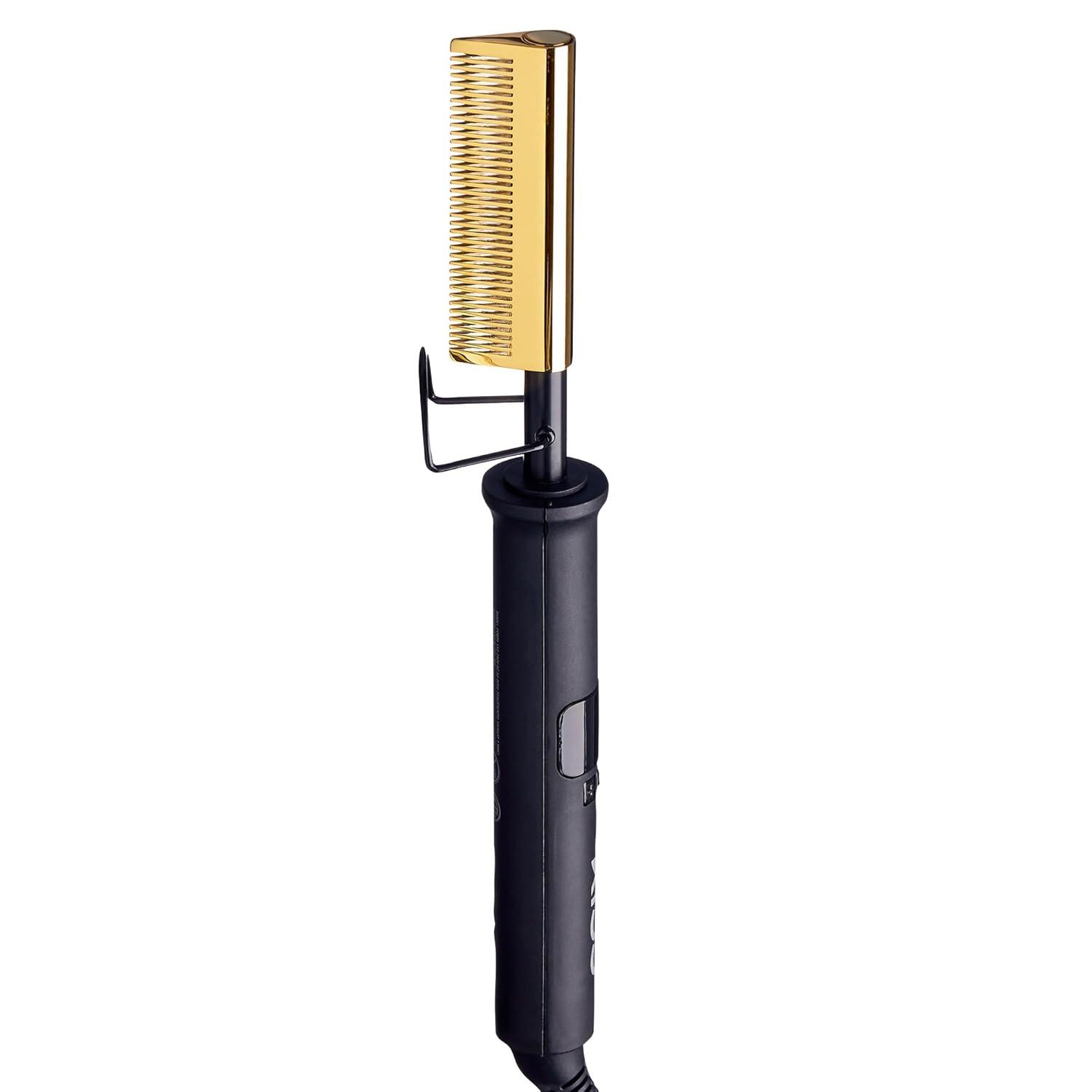 imageKISS Professional Pressing Comb with Polished Gold Smoothing Comb Safety Stand Digital LED Temperature Display ampamp Tangle Free 360 Swivel CordMedium
