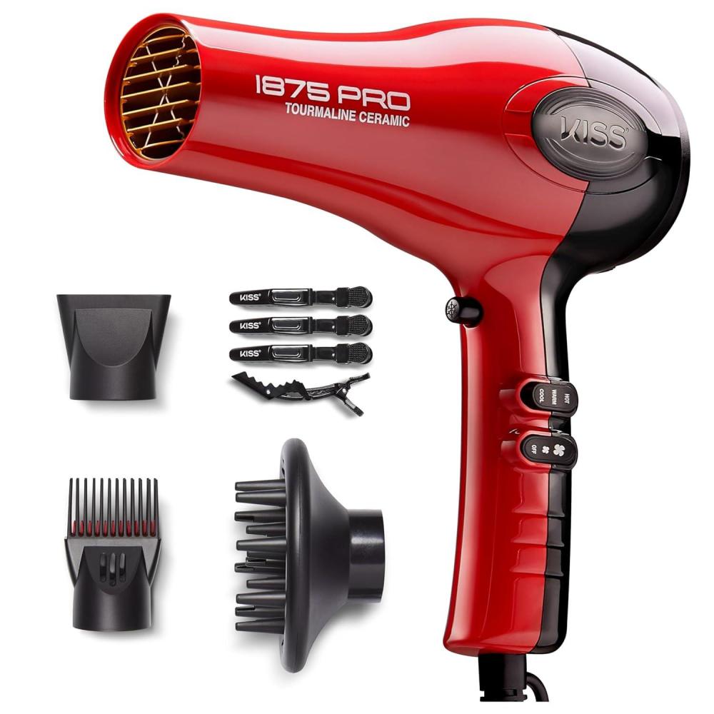 imageKISS 1875 Watt Pro Tourmaline Ceramic Hair Dryer Styling Edition 3 Heat Settings 2 Speed Settings Cool Shot Button 7 Blow Dryer Accessories Included 2Year Warranty Red8 Piece Set