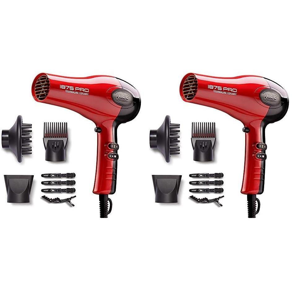 imageKISS 1875 Watt Pro Tourmaline Ceramic Hair Dryer Styling Edition 3 Heat Settings 2 Speed Settings Cool Shot Button 7 Blow Dryer Accessories Included 2Year Warranty  Red8 Piece Set Pack of 2