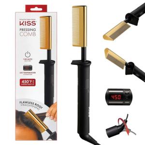 KISS Professional Pressing Comb with Polished Gold Smoothing Comb, Safety Stand, Digital LED Temperature Display, & Tangle Free 360° Swivel Cord(Medium)