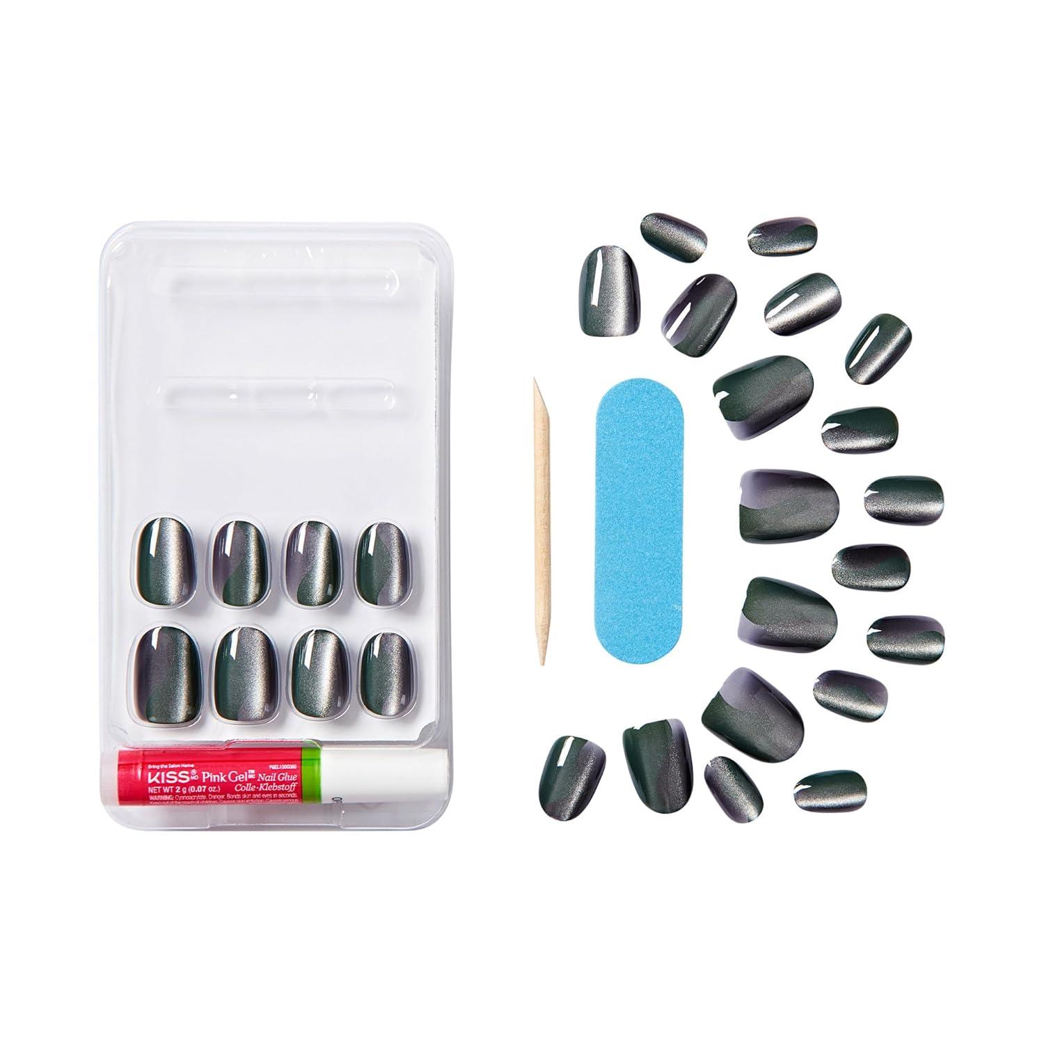 imageKISS Gel Fantasy Press On Nails Nail glue included Dial Me Gray Short Size Oval Shape Includes 28 Nails 2g glue 1 Manicure Stick 1 Mini FileDial Me