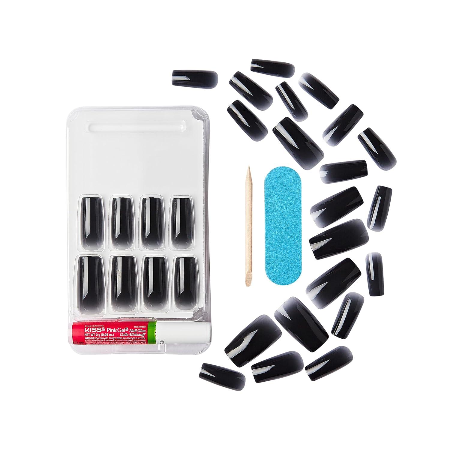 imageKISS Gel Fantasy Press On Nails Nail glue included Jelly Gele Black Long Size Square Shape Includes 28 Nails 2g glue 1 Manicure Stick 1 Mini File