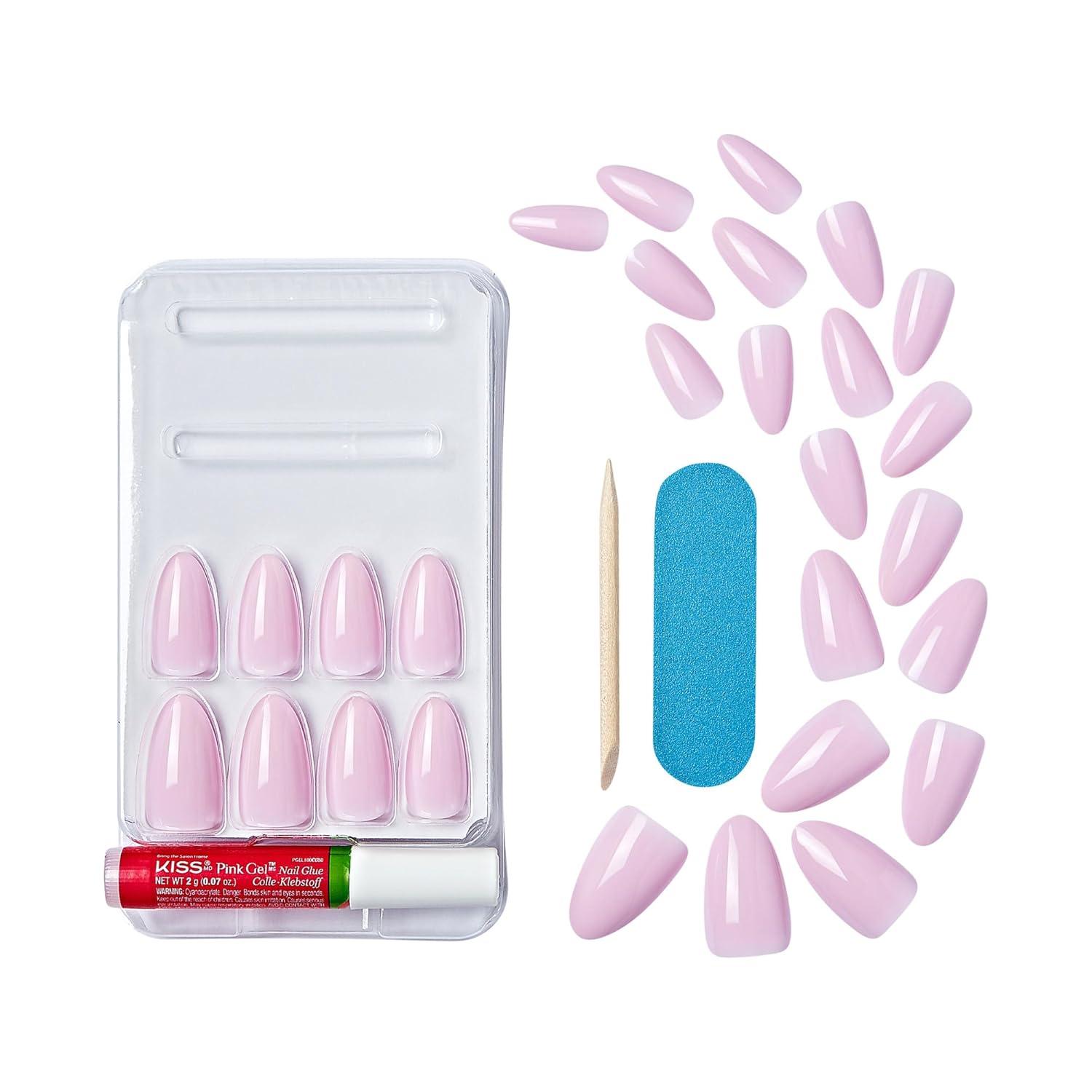 imageKISS Gel Fantasy Press On Nails Nail glue included No Regrets Light Pink Medium Size Almond Shape Includes 28 Nails 2g Glue 1 Manicure Stick 1 Mini fileNo Regrets