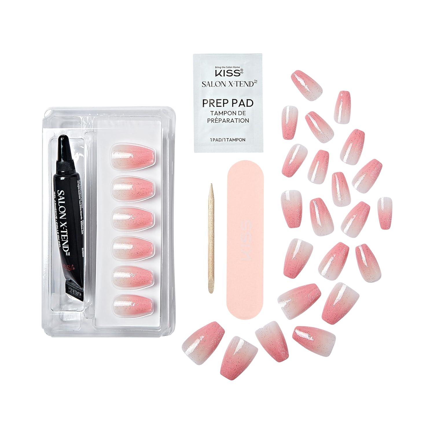 imageKISS Salon Xtend PressOn Nails Nail glue included Red Flags Light Pink Medium Size Almond Shape Includes 30 Nails 5Ml Led Soft Gel Adhesive 1 Manicure Stick 1 New Mini File New Prep PadMedium Pink