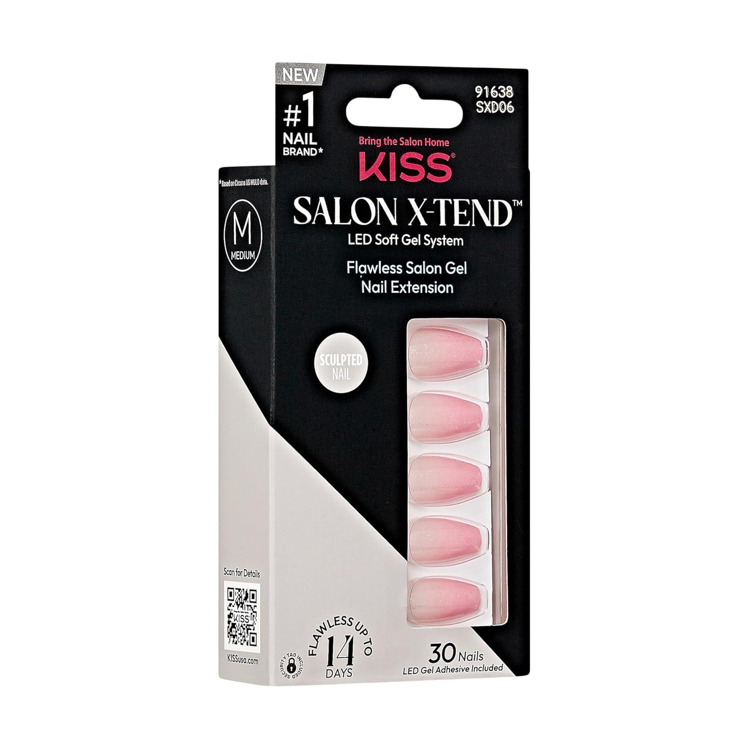 imageKISS Salon Xtend PressOn Nails Nail glue included Red Flags Light Pink Medium Size Almond Shape Includes 30 Nails 5Ml Led Soft Gel Adhesive 1 Manicure Stick 1 New Mini File New Prep PadMedium Pink