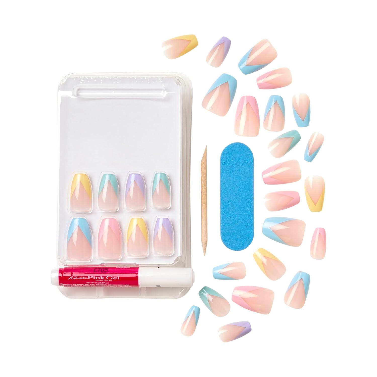 imageKISS Voguish Fantasy Press On Nails Nail glue included clatant Pink Medium Size Almond Shape Includes 28 Nails 2g glue 1 Manicure Stick 1 Mini FileDisco Ball