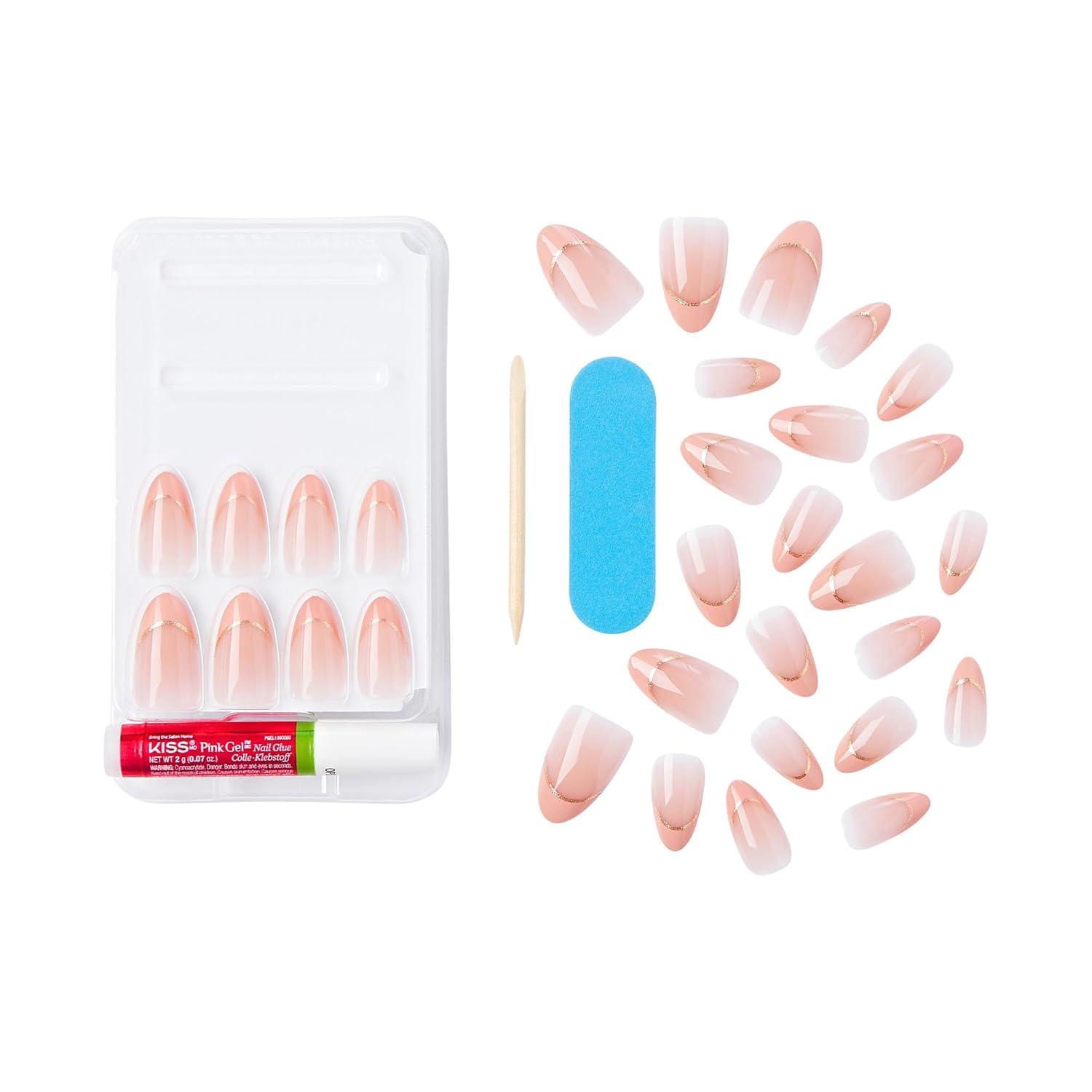 imageKISS Voguish Fantasy Press On Nails Nail glue included clatant Pink Medium Size Almond Shape Includes 28 Nails 2g glue 1 Manicure Stick 1 Mini Fileclatant
