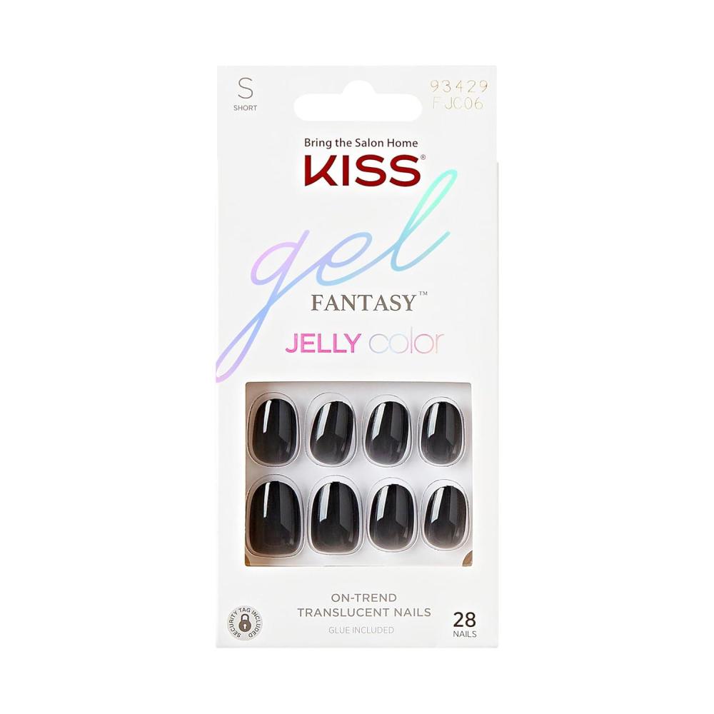 imageKISS Gel Fantasy PressOn Nails Nail glue included Jelly Queen Black Short Size Oval Shape Includes 28 Nails 2g glue 1 Manicure Stick 1 Mini FileBlack
