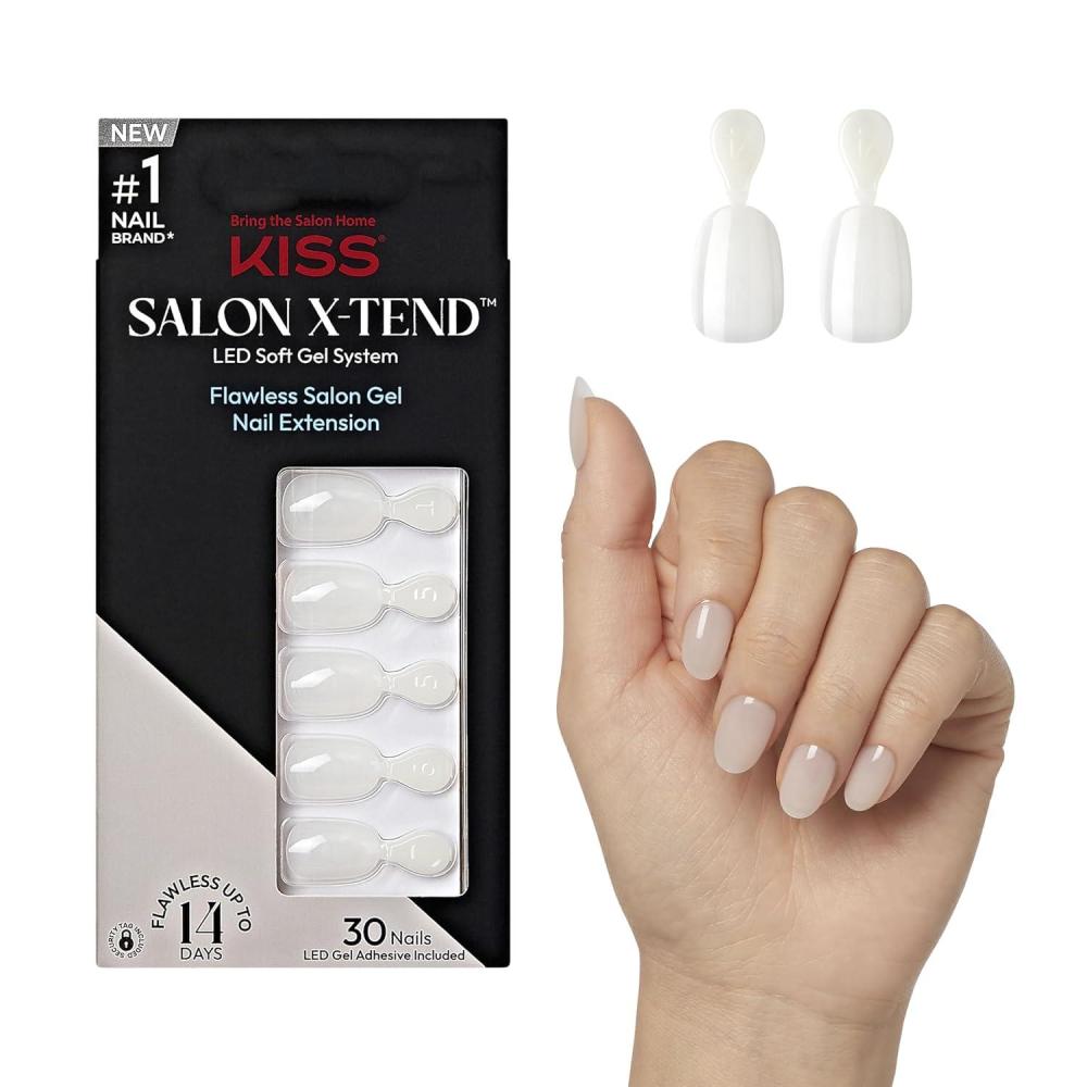 imageKISS Salon Xtend PressOn Nails Nail glue included Keep It Light White Short Size Oval Shape Includes 30 Nails 5Ml Led Soft Gel Adhesive 1 Manicure Stick 1 New Mini File New Prep PadKeep It