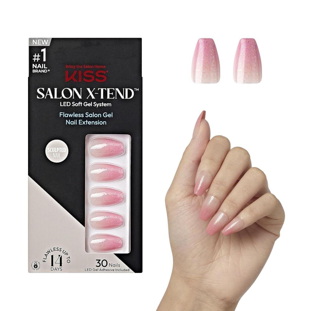 imageKISS Salon Xtend PressOn Nails Nail glue included Red Flags Light Pink Medium Size Almond Shape Includes 30 Nails 5Ml Led Soft Gel Adhesive 1 Manicure Stick 1 New Mini File New Prep PadMedium Pink