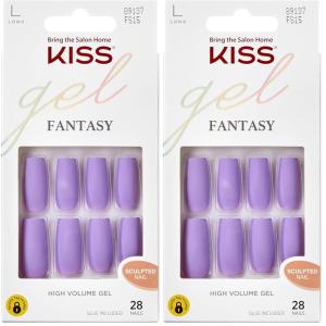 KISS Gel Fantasy, Press On Nails, Nail glue included, ‘No Regrets’, Light Pink, Medium Size, Almond Shape, Includes 28 Nails, 2g Glue, 1 Manicure Stick, 1 Mini file(Purple)