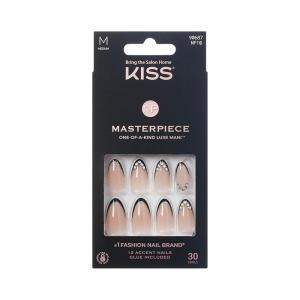 KISS Masterpiece French Tip Press On Nails, Black, Medium Almond, 12 Jeweled Accents, Glossy Finish Nail Kit Contains 30 Fake Nails, Pink Gel Nail Glue 2g (0.07 Oz.), Manicure Stick, & Mini Nail File(Perfection)