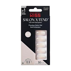KISS Salon X-tend, Press-On Nails, Nail glue included, ‘Red Flags’, Light Pink, Medium Size, Almond Shape, Includes 30 Nails, 5Ml Led Soft Gel Adhesive, 1 Manicure Stick, 1 New Mini File, New Prep Pad(Light White)