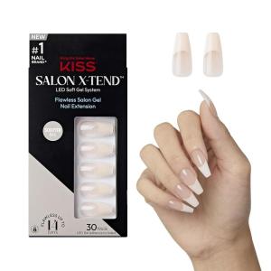 KISS Salon X-tend, Press-On Nails, Nail glue included, ‘Red Flags’, Light Pink, Medium Size, Almond Shape, Includes 30 Nails, 5Ml Led Soft Gel Adhesive, 1 Manicure Stick, 1 New Mini File, New Prep Pad(Beige)