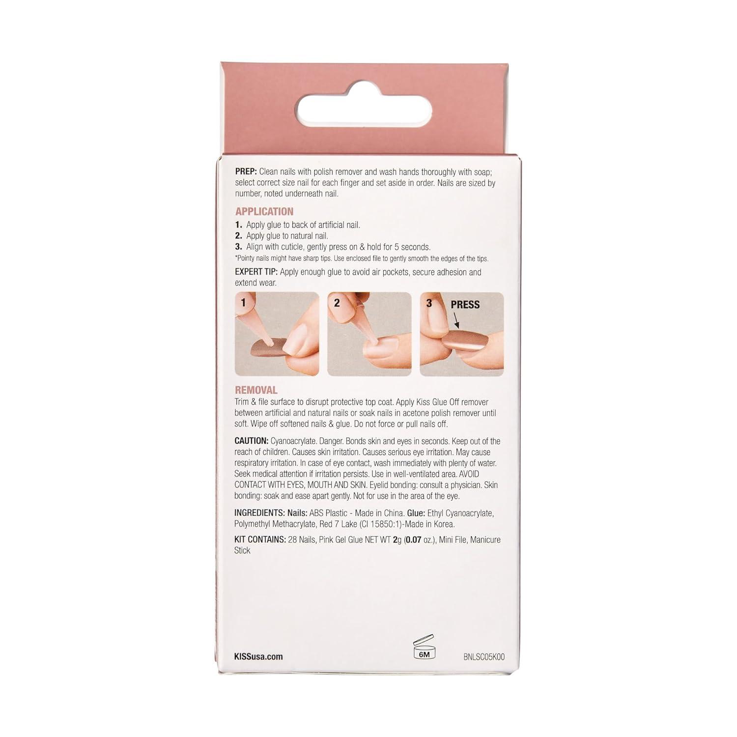 imageKISS Bare but Better Press On Nails Glossy Pink Short Length Square Shape 28 Fake Nails Pink Gel Nail Glue Net Wt 2g 007 Oz Mini Nail File ampamp Manicure StickNude Drama