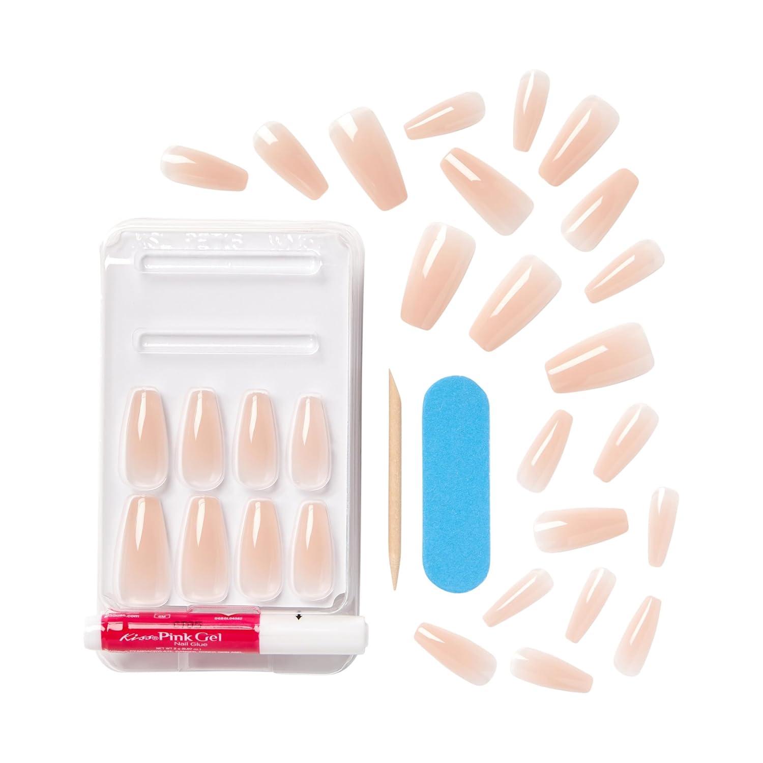 imageKISS Bare but Better Press On Nails Glossy Pink Short Length Square Shape 28 Fake Nails Pink Gel Nail Glue Net Wt 2g 007 Oz Mini Nail File ampamp Manicure StickNude Drama
