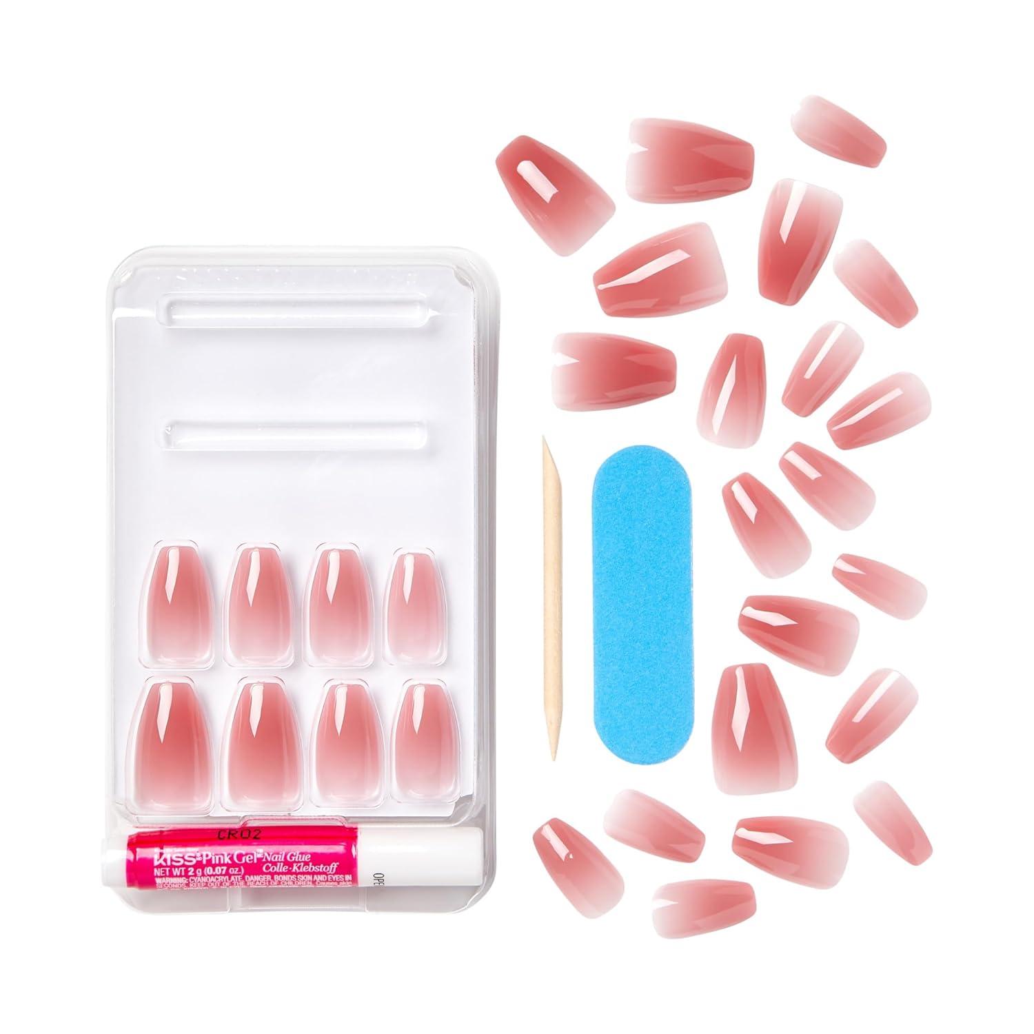 imageKISS Bare but Better Press On Nails Glossy Pink Short Length Square Shape 28 Fake Nails Pink Gel Nail Glue Net Wt 2g 007 Oz Mini Nail File ampamp Manicure StickNude Nude