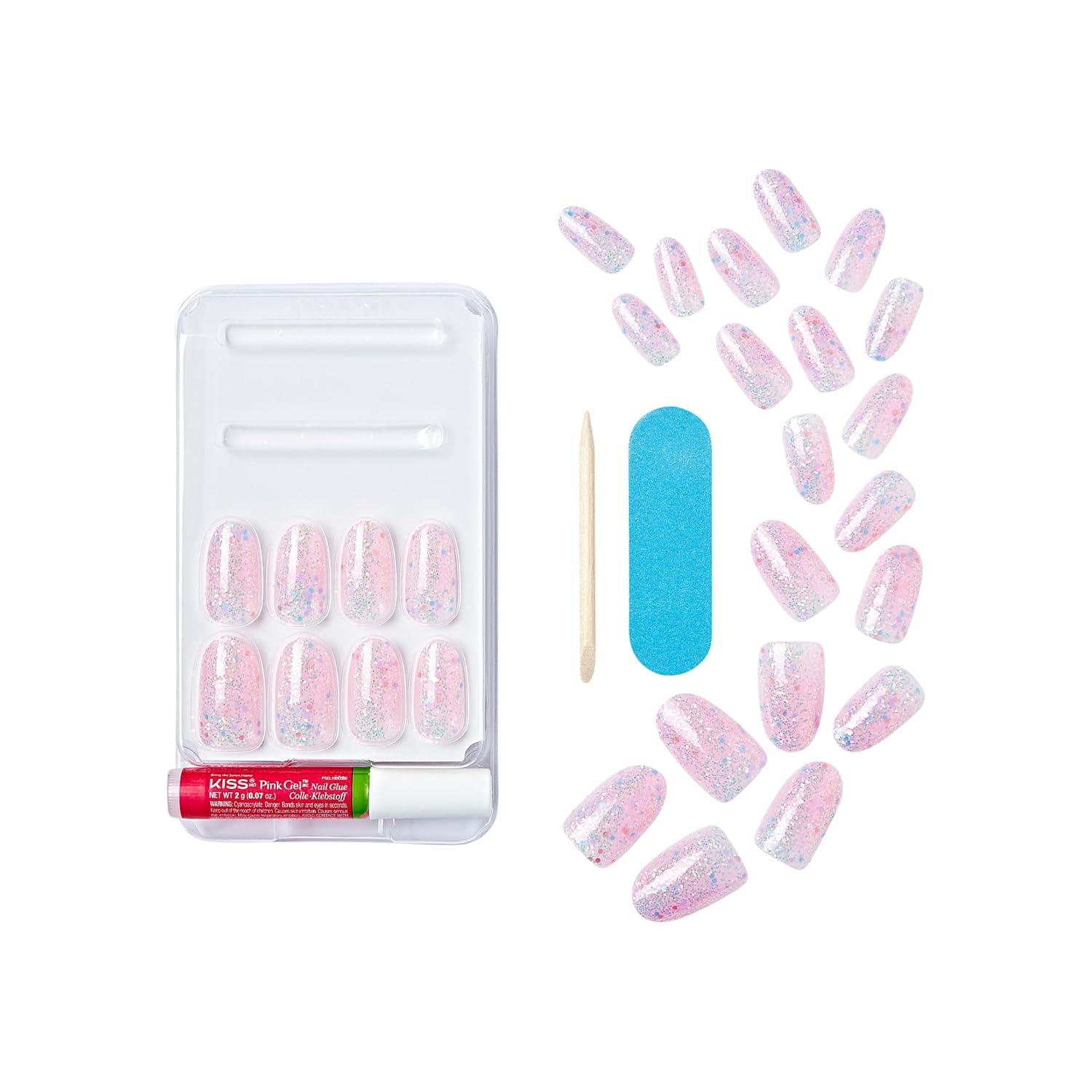 imageKISS Gel Fantasy Press On Nails Nail glue included Dancin Offwhite Short Size Oval Shape Includes 28 Nails 2g glue 1 Manicure Stick 1 Mini File31 Piece Set