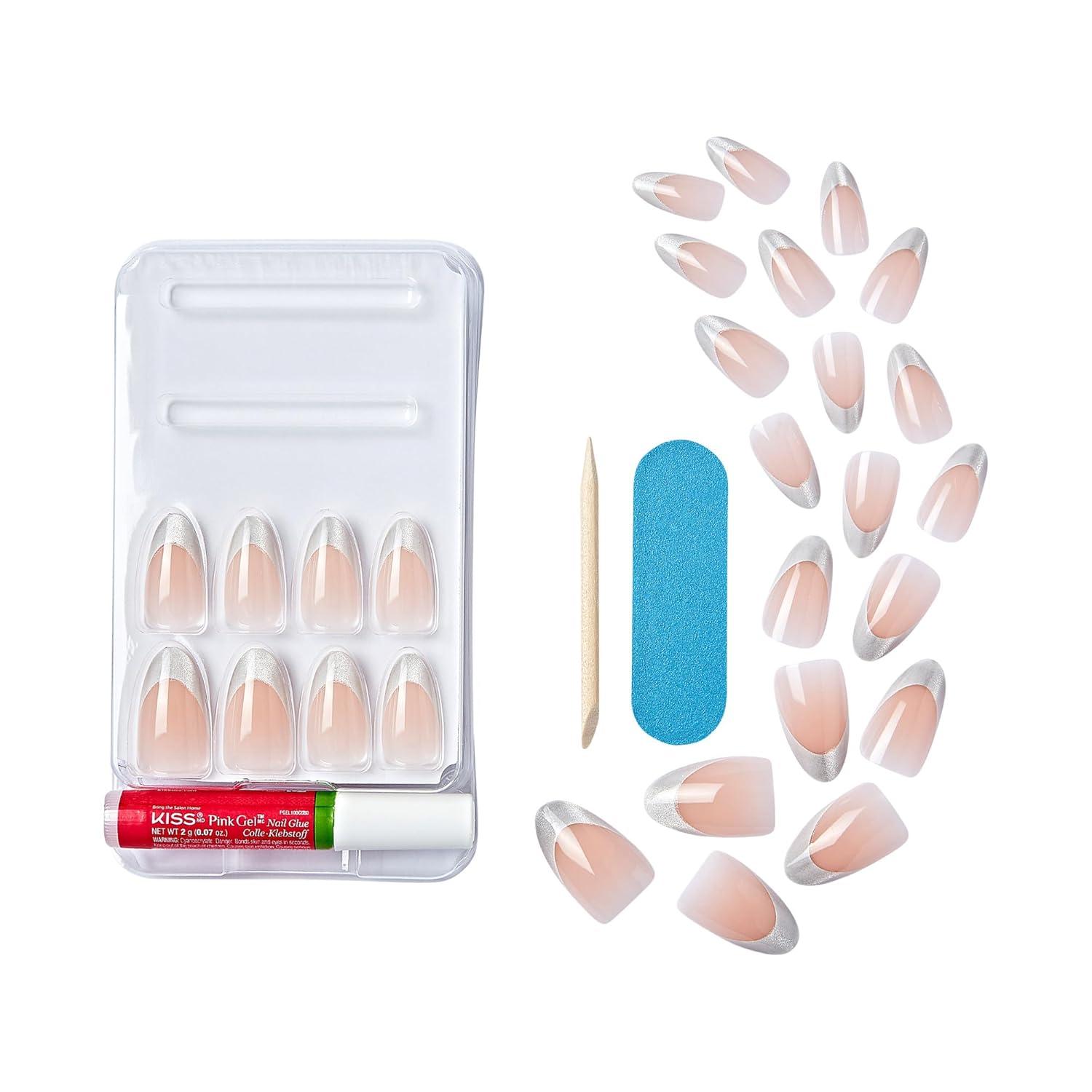 imageKISS Gel Fantasy Press On Nails Nail glue included North Coast Silver Medium Size Almond Shape Includes 28 Nails 2g glue 1 Manicure Stick 1 Mini File