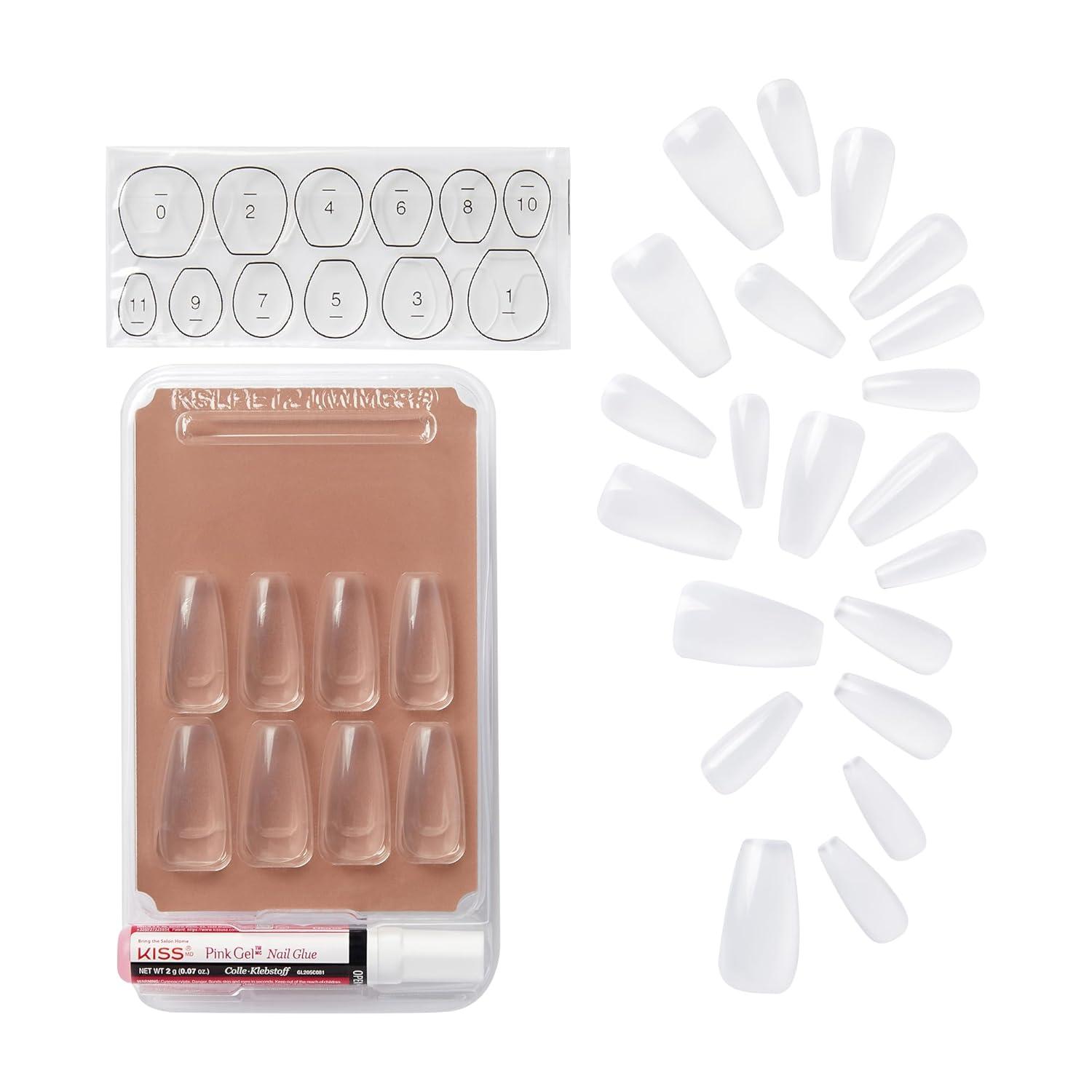 imageKISS Salon Acrylic French Tip Press On Nails Chic Beats Natural Nude Short Squoval Nail Kit with 28 Fake Nails Pink Gel Nail Glue 2g Mini Nail File ampamp Manicure StickCrystal