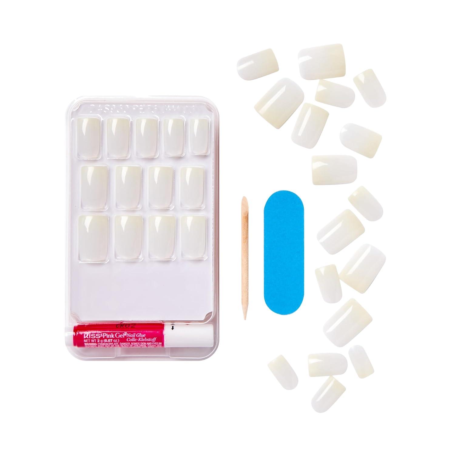 imageKISS Salon Acrylic French Tip Press On Nails Chic Beats Natural Nude Short Squoval Nail Kit with 28 Fake Nails Pink Gel Nail Glue 2g Mini Nail File ampamp Manicure StickEuphoria