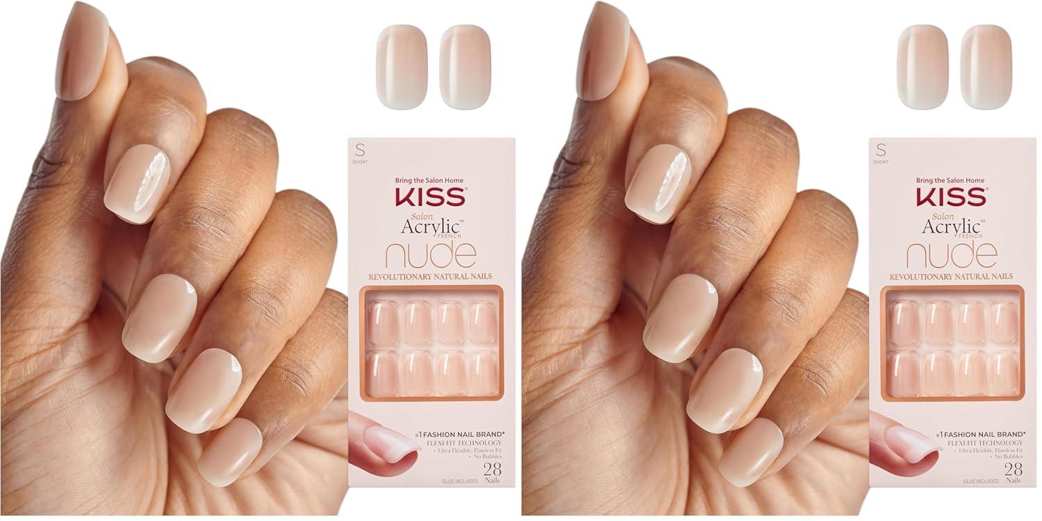imageKISS Salon Acrylic French Tip Press On Nails Chic Beats Natural Nude Short Squoval Nail Kit with 28 Fake Nails Pink Gel Nail Glue 2g Mini Nail File ampamp Manicure StickChic Beats