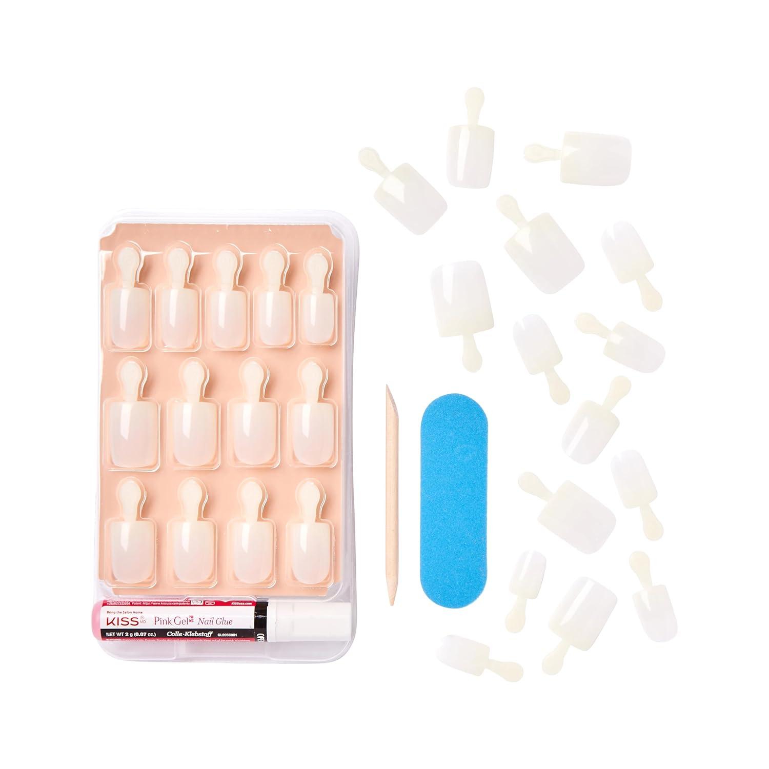 imageKISS Salon Acrylic French Tip Press On Nails Chic Beats Natural Nude Short Squoval Nail Kit with 28 Fake Nails Pink Gel Nail Glue 2g Mini Nail File ampamp Manicure StickBrief Encounter