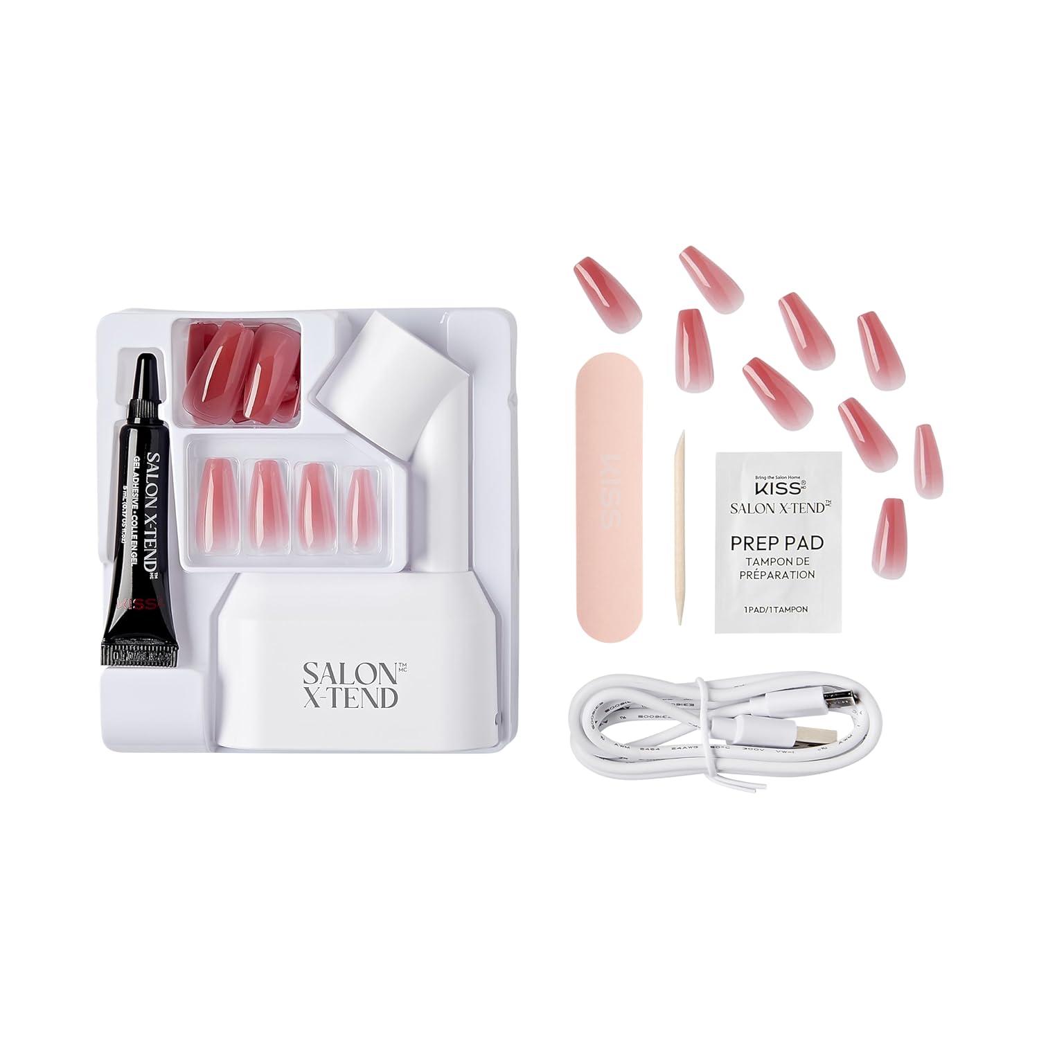 imageKISS Salon Xtend LED Gel Nail Kit Perk Beige Medium Coffin 30 Press On Nails LED Soft Gel Adhesive 5 ml 016 US fl oz LED Lamp USB Cable Prep Pad Manicure Stick ampamp Mini Nail FileTone