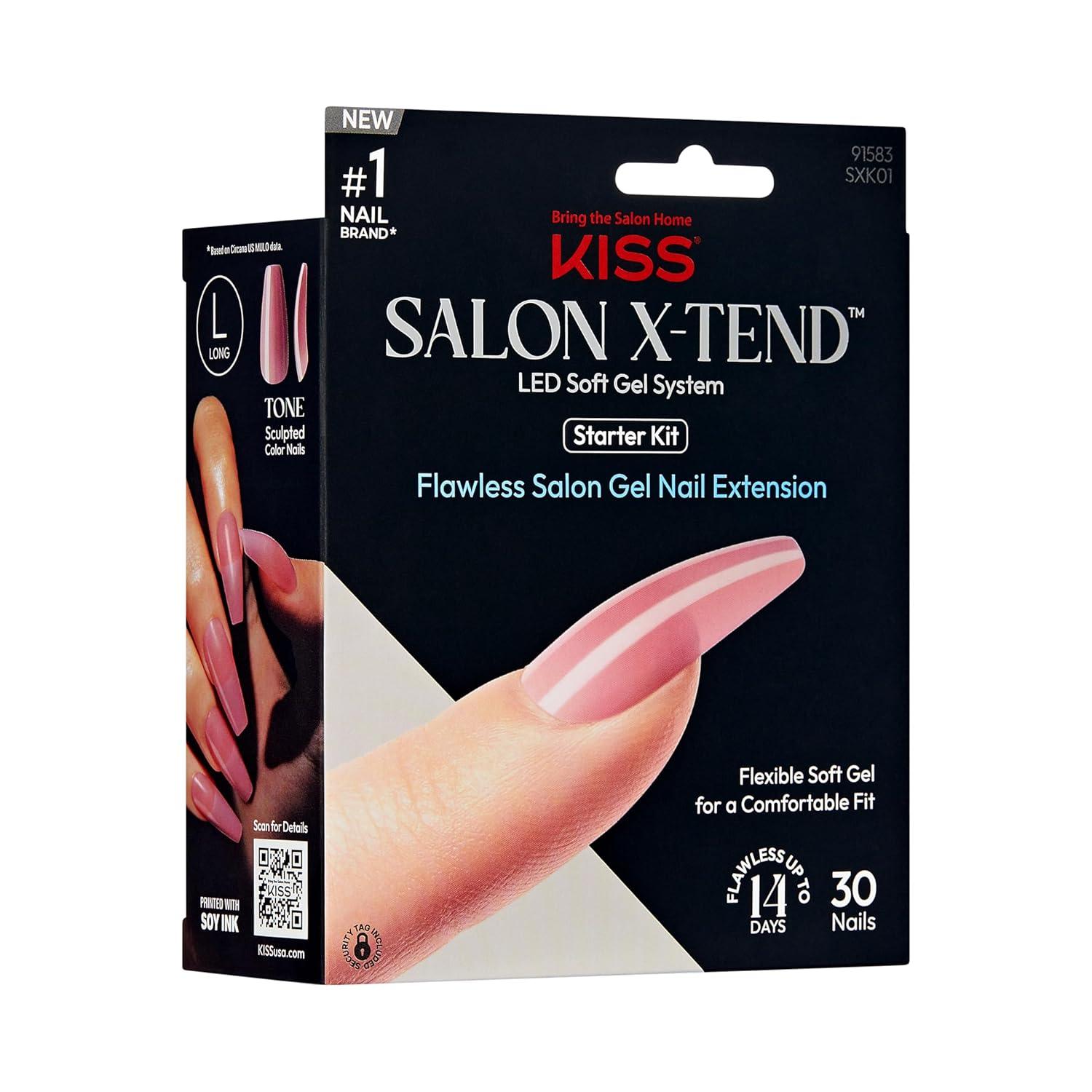 imageKISS Salon Xtend LED Gel Nail Kit Perk Beige Medium Coffin 30 Press On Nails LED Soft Gel Adhesive 5 ml 016 US fl oz LED Lamp USB Cable Prep Pad Manicure Stick ampamp Mini Nail FileTone