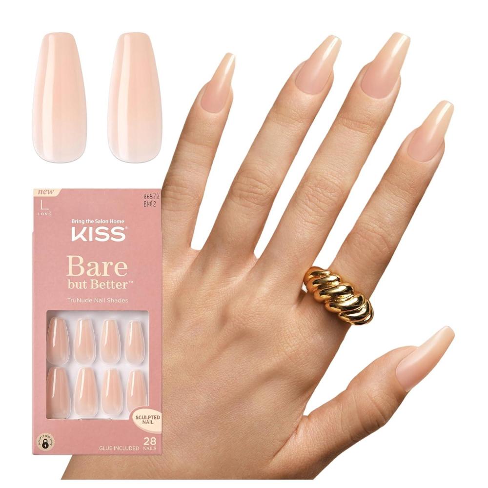 imageKISS Bare but Better Press On Nails Glossy Pink Short Length Square Shape 28 Fake Nails Pink Gel Nail Glue Net Wt 2g 007 Oz Mini Nail File ampamp Manicure StickNude Drama