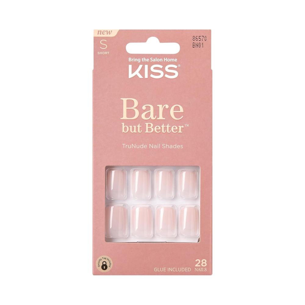 imageKISS Bare but Better Press On Nails Glossy Pink Short Length Square Shape 28 Fake Nails Pink Gel Nail Glue Net Wt 2g 007 Oz Mini Nail File ampamp Manicure StickNudies