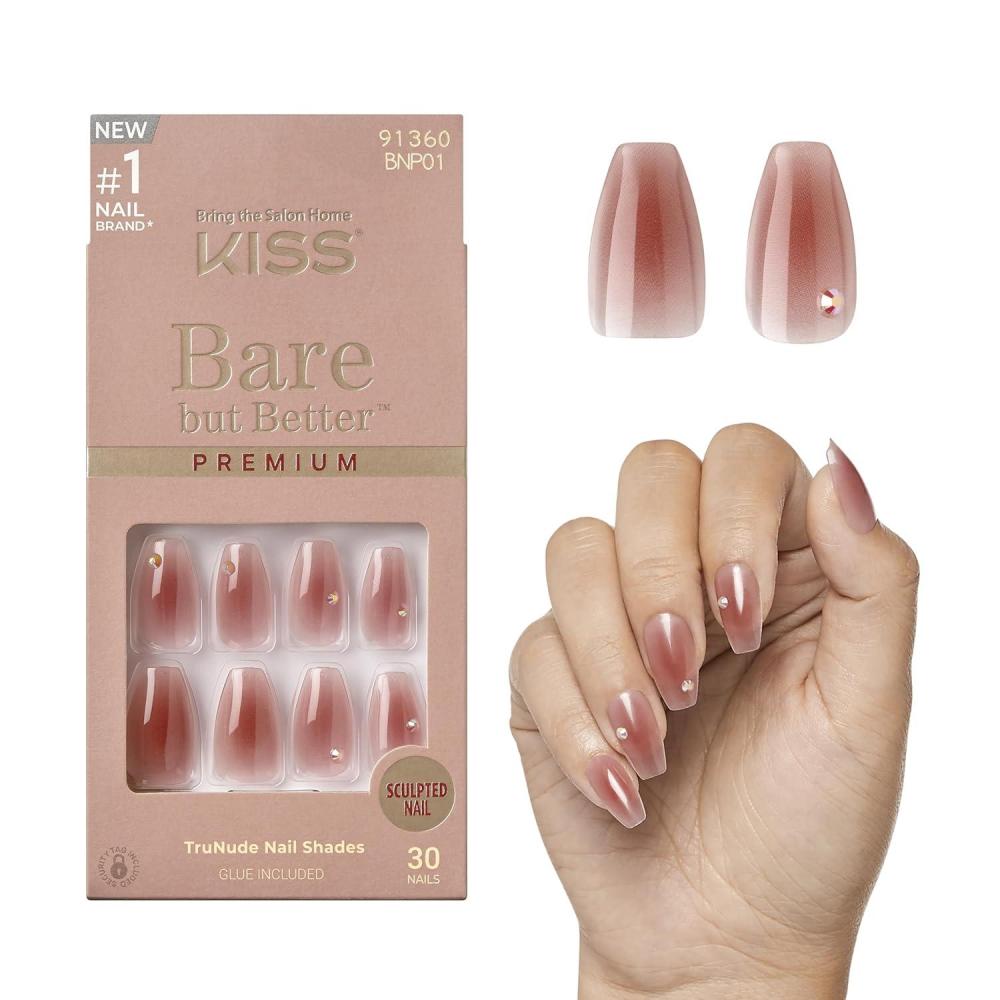 imageKISS Bare but Better Press On Nails Nail glue included Spicy Light Pink Short Size Squoval Shape Includes 30 Nails 2G Glue 1 Manicure Stick 1 Mini FileShine
