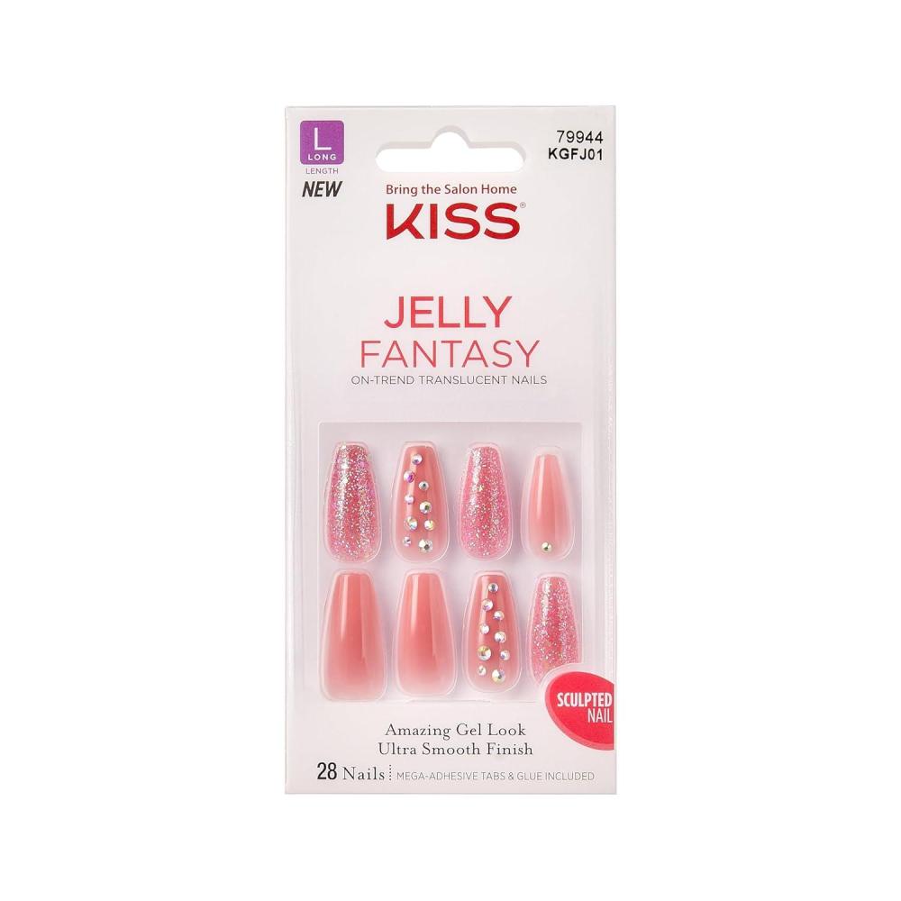 imageKISS Gel Fantasy Press On Nails Nail glue included Sweet Jelly White Long Size Coffin Shape Includes 28 Nails 2g glue 1 Manicure Stick 1 Mini FileBe Jelly