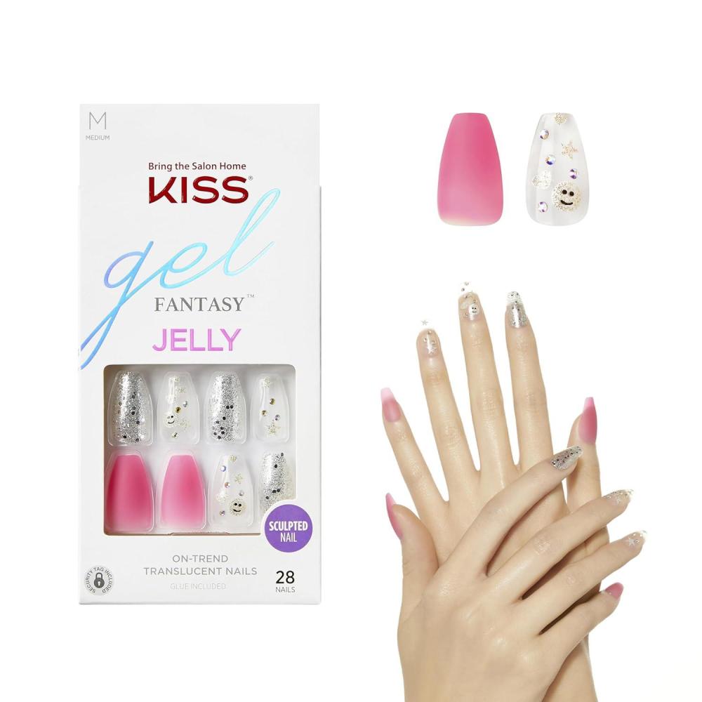 imageKISS Gel Fantasy Press On Nails Nail glue included Sweet Jelly White Long Size Coffin Shape Includes 28 Nails 2g glue 1 Manicure Stick 1 Mini FileFun  Jelly