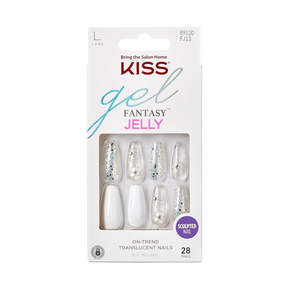 imageKISS Gel Fantasy Press On Nails Nail glue included Sweet Jelly White Long Size Coffin Shape Includes 28 Nails 2g glue 1 Manicure Stick 1 Mini FileSweet Jelly
