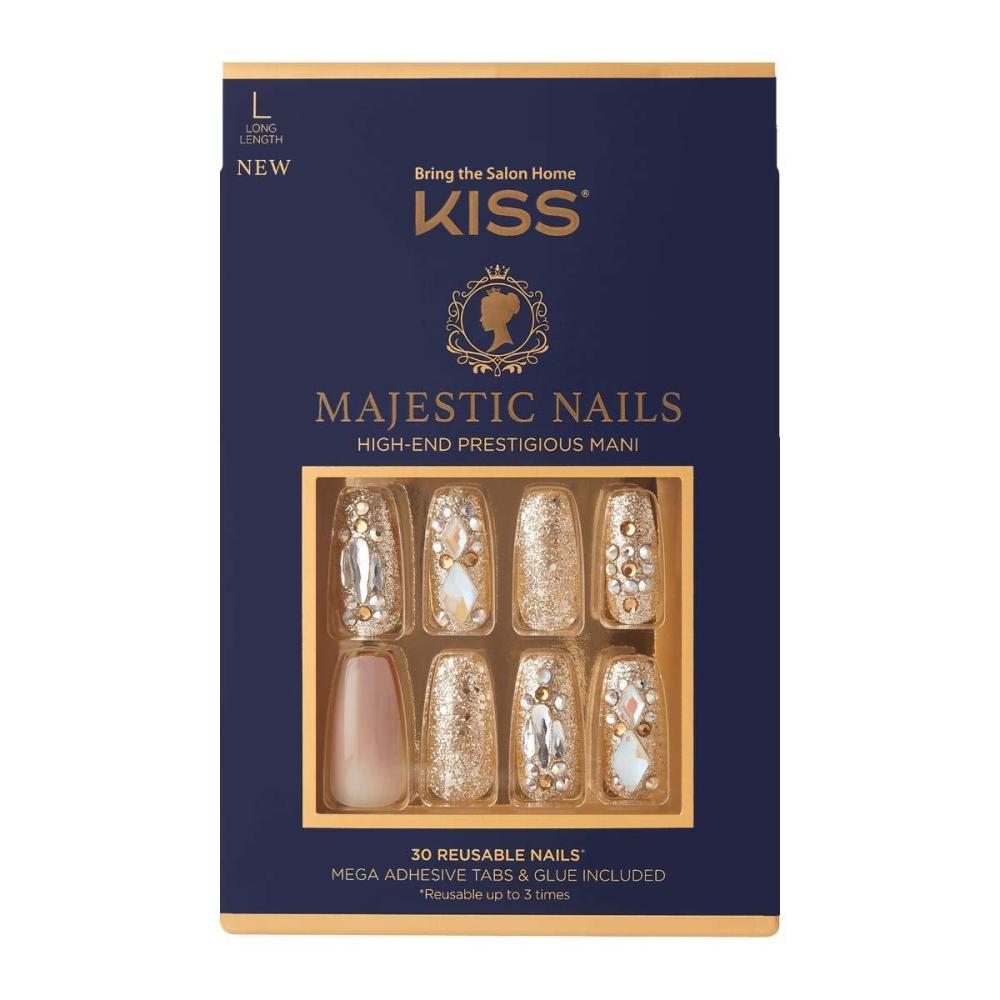 imageKISS Majestic Fake Nails My Crown HighEnd Gel Nails 30 Reusable Long Length Coffin Shaped GlueOn ampamp PressOn Jeweled Accent Glue On NailsPink
