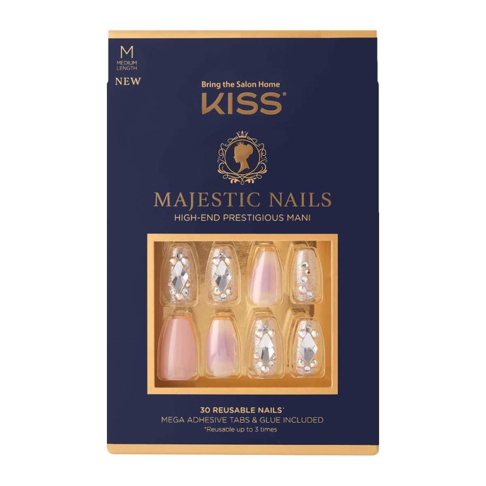 imageKISS Majestic Fake Nails My Crown HighEnd Gel Nails 30 Reusable Long Length Coffin Shaped GlueOn ampamp PressOn Jeweled Accent Glue On NailsPink and Silver