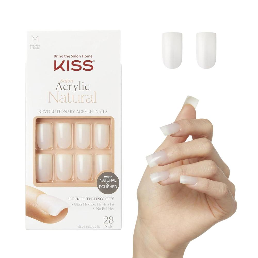 imageKISS Salon Acrylic French Tip Press On Nails Chic Beats Natural Nude Short Squoval Nail Kit with 28 Fake Nails Pink Gel Nail Glue 2g Mini Nail File ampamp Manicure StickEuphoria
