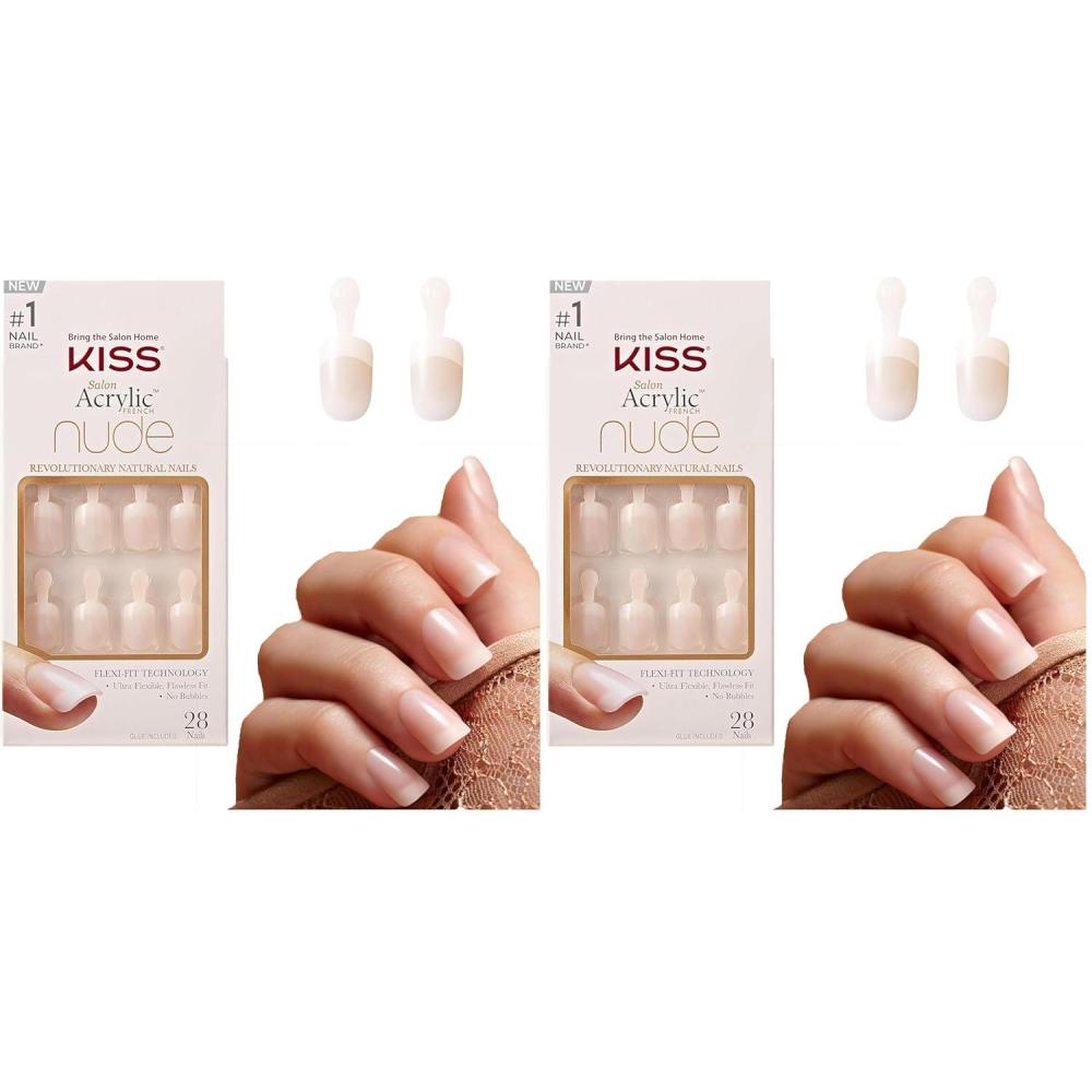 imageKISS Salon Acrylic French Tip Press On Nails Chic Beats Natural Nude Short Squoval Nail Kit with 28 Fake Nails Pink Gel Nail Glue 2g Mini Nail File ampamp Manicure StickBreathtaking