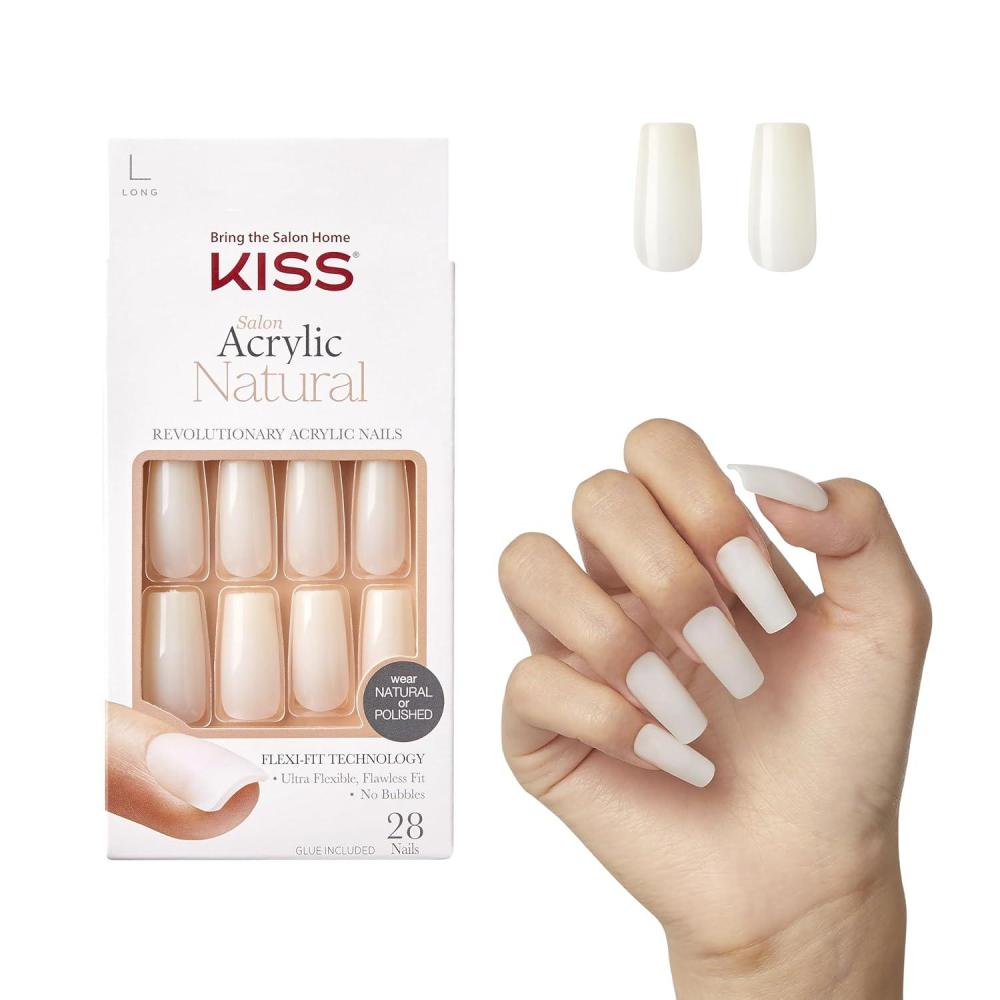 imageKISS Salon Acrylic French Tip Press On Nails Chic Beats Natural Nude Short Squoval Nail Kit with 28 Fake Nails Pink Gel Nail Glue 2g Mini Nail File ampamp Manicure StickBareskinned