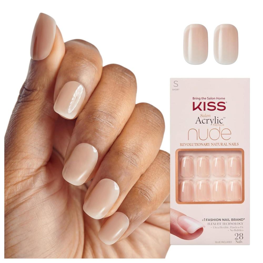 imageKISS Salon Acrylic French Tip Press On Nails Chic Beats Natural Nude Short Squoval Nail Kit with 28 Fake Nails Pink Gel Nail Glue 2g Mini Nail File ampamp Manicure StickChic Beats