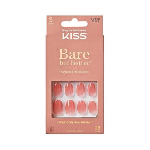 KISS Bare but Better Press On Nails Almond, ‘Chemistry’, Red, Medium Length, Nail Kit Includes 28 Sculpted Fake Nails, Pink Gel Nail Glue 2g (0.07 oz.), Manicure Stick, Mini Nail File(No More Naps)