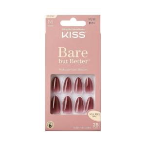KISS Bare but Better Press On Nails Almond, ‘Chemistry’, Red, Medium Length, Nail Kit Includes 28 Sculpted Fake Nails, Pink Gel Nail Glue 2g (0.07 oz.), Manicure Stick, Mini Nail File(Chemistry)