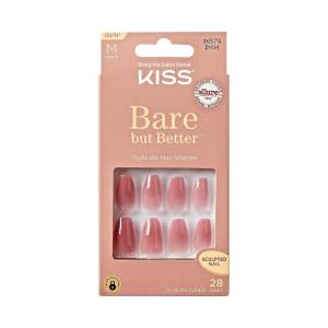 KISS Bare but Better Press On Nails, Glossy Pink, Short Length, Square Shape, 28 Fake Nails, Pink Gel Nail Glue Net Wt. 2g (0.07 Oz.), Mini Nail File, & Manicure Stick(Nude Nude)