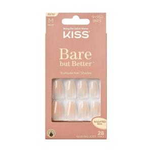 KISS Bare but Better Press On Nails, Glossy Pink, Short Length, Square Shape, 28 Fake Nails, Pink Gel Nail Glue Net Wt. 2g (0.07 Oz.), Mini Nail File, & Manicure Stick(Embrace It)