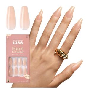 KISS Bare but Better Press On Nails, Glossy Pink, Short Length, Square Shape, 28 Fake Nails, Pink Gel Nail Glue Net Wt. 2g (0.07 Oz.), Mini Nail File, & Manicure Stick(Nude Drama)