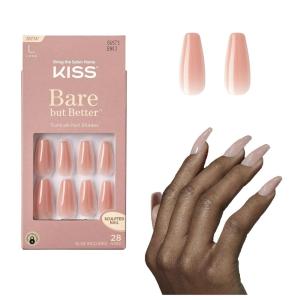 KISS Bare but Better Press On Nails, Glossy Pink, Short Length, Square Shape, 28 Fake Nails, Pink Gel Nail Glue Net Wt. 2g (0.07 Oz.), Mini Nail File, & Manicure Stick(Nude Glow)