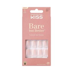 KISS Bare but Better Press On Nails, Glossy Pink, Short Length, Square Shape, 28 Fake Nails, Pink Gel Nail Glue Net Wt. 2g (0.07 Oz.), Mini Nail File, & Manicure Stick(Nudies)